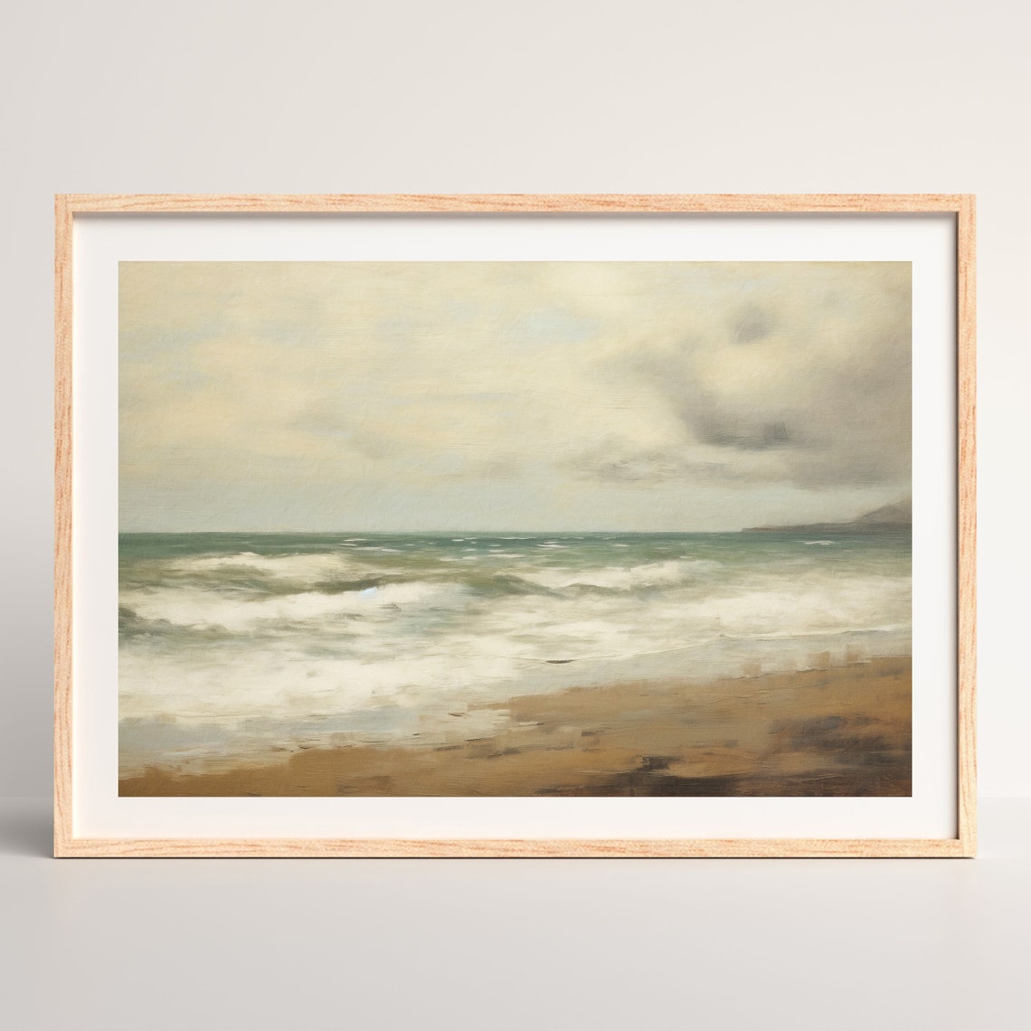 Moody Ocean Wall Art Vintage Beach Oil Painting Rustic Coastal Decor Neutral Seascape Print P 823 - Image 2