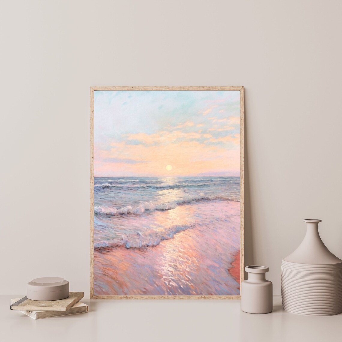 Pastel Beach Painting, Vintage Coastal Seascape Print - Image 3