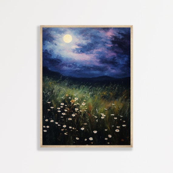 Moonlit Wildflowers Vintage Night Landscape Art Print