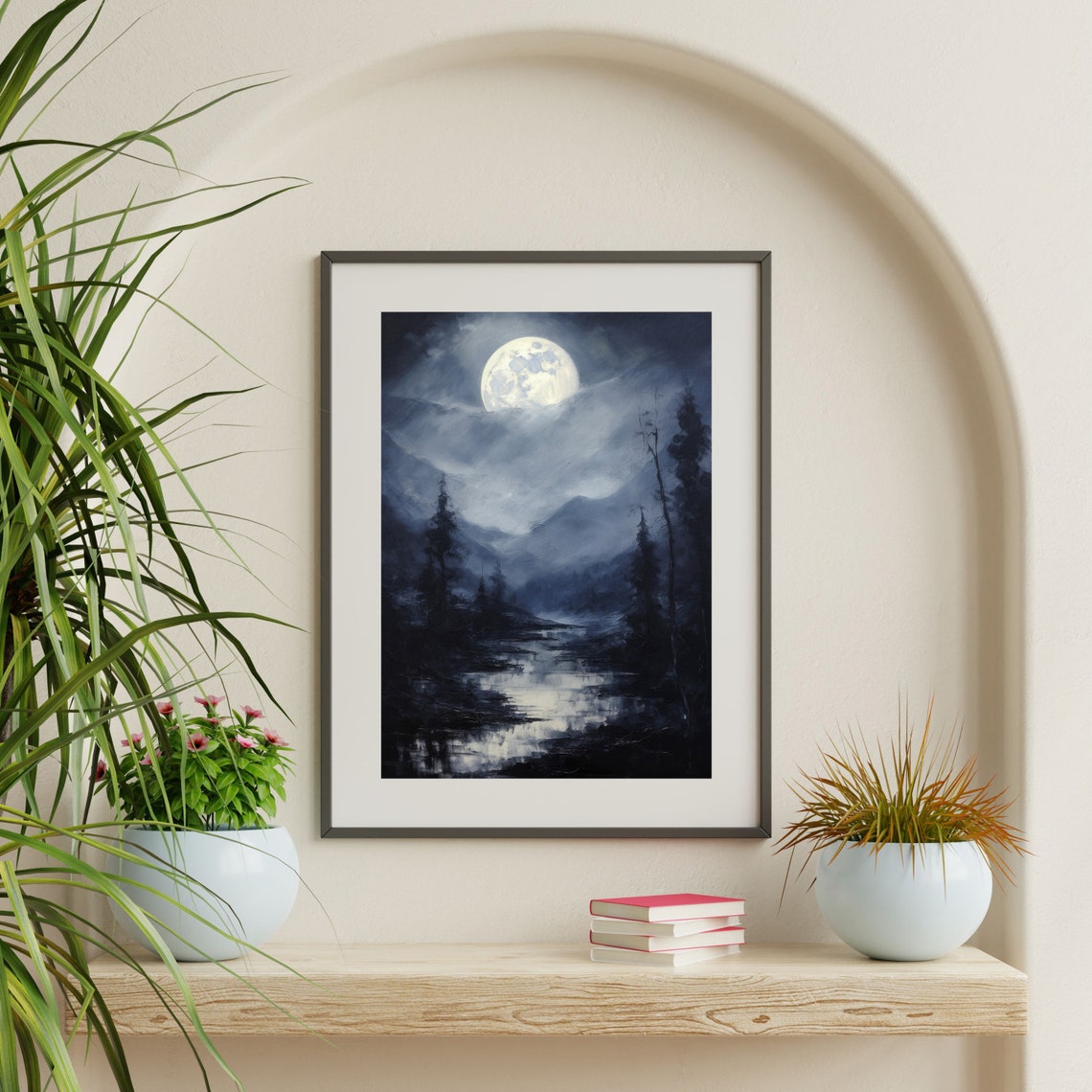Full Moon River Night Pine Forest Moody Vintage Landscape Poster - Image 2