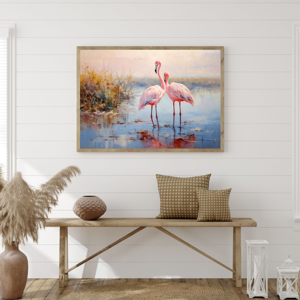 Pink Flamingos Shallow Water Lake Impressionist Bird Painting Poster - Image 2