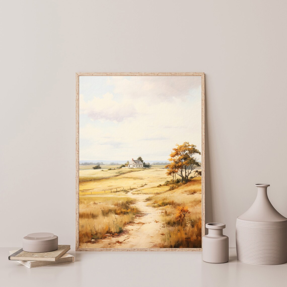 Farmhouse Golden Pasture Field Sandy Path Autumn Trees Painting Poster - Image 3