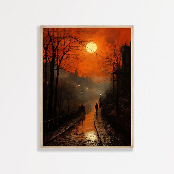 Gothic Moonlit Street Night Orange Sky Moody Victorian Alley Wall Art Print