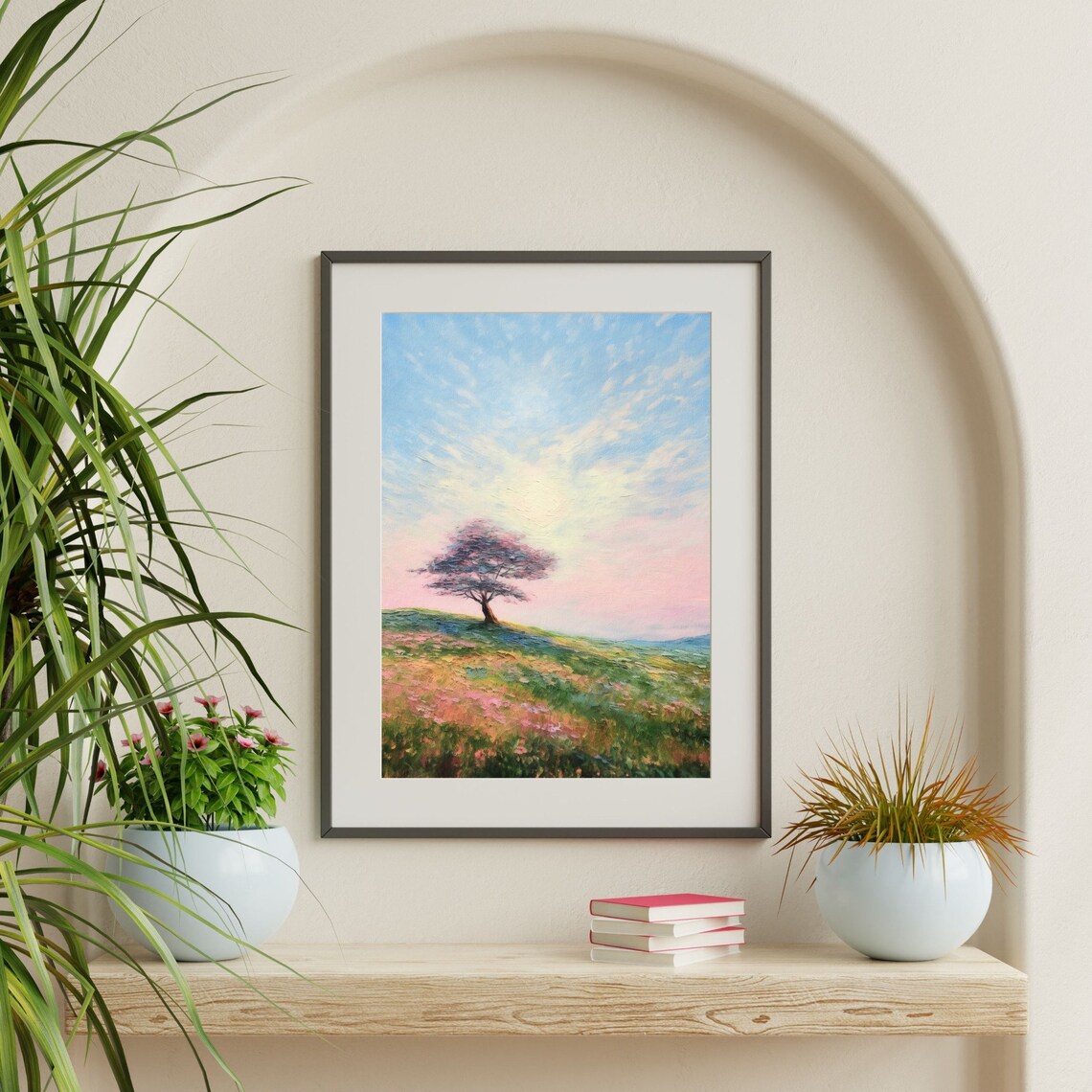 Lone Tree Retro Landscape Art Print, Pink Pastel - Image 2
