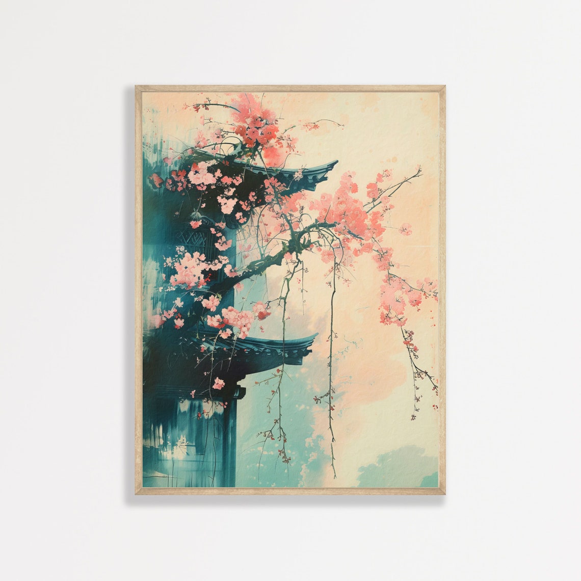 Japanese Temple Roofline Pink Cherry Blossoms Spring Travel Poster