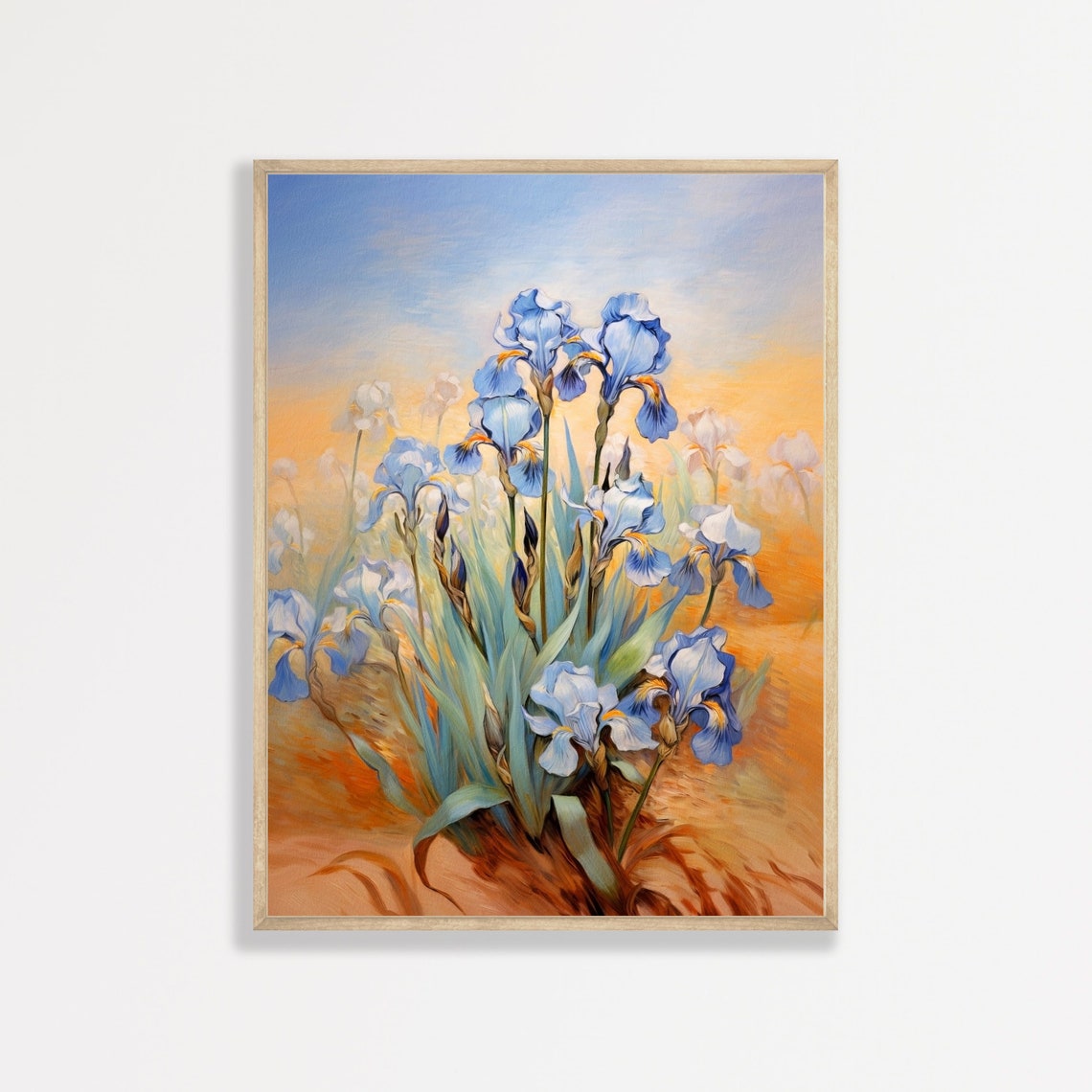 Blue Iris Blooms Golden Sunset Field Vintage Floral Oil Poster