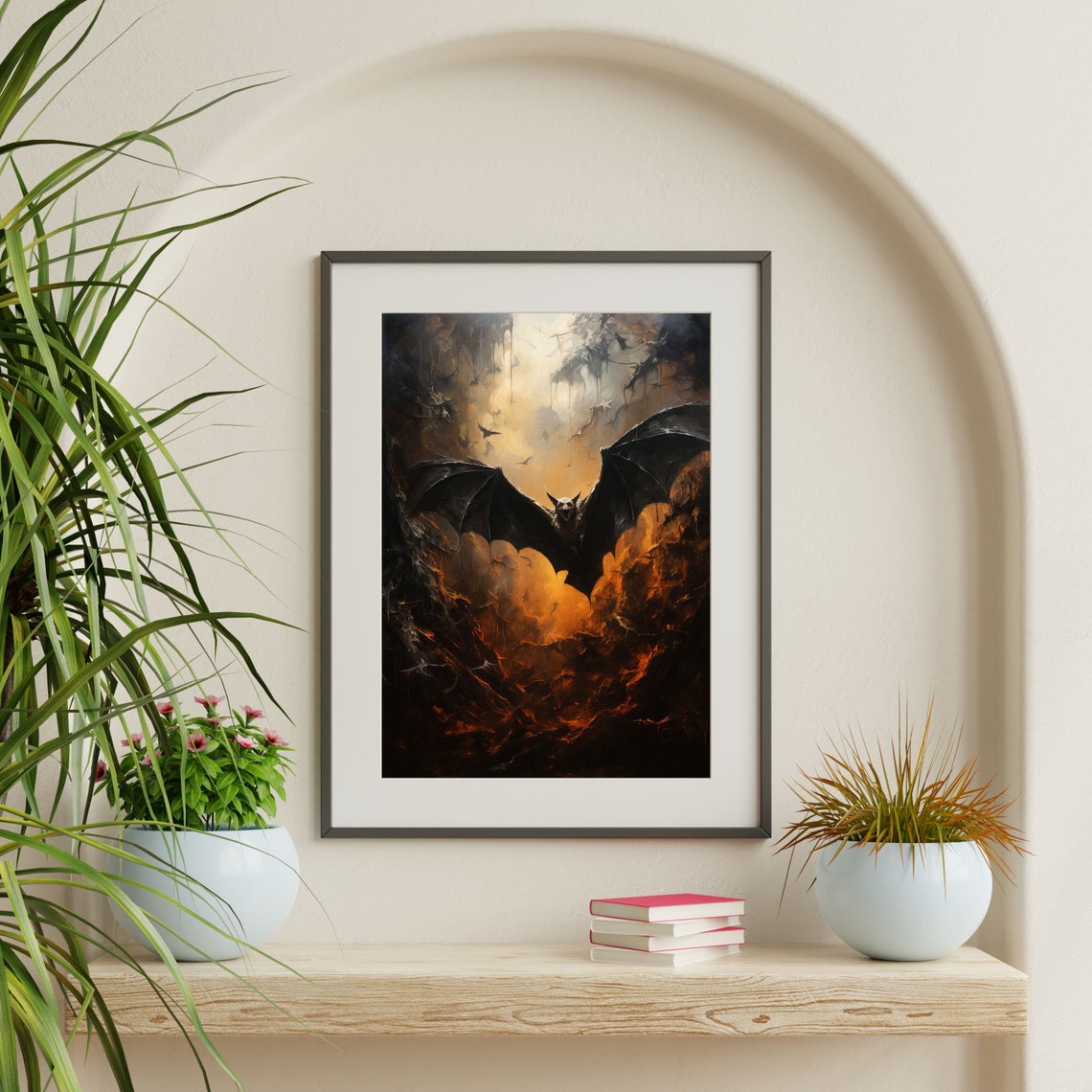 Dark Bat Spread Wings Fiery Night Sky Gothic Animal Art Poster - Image 2