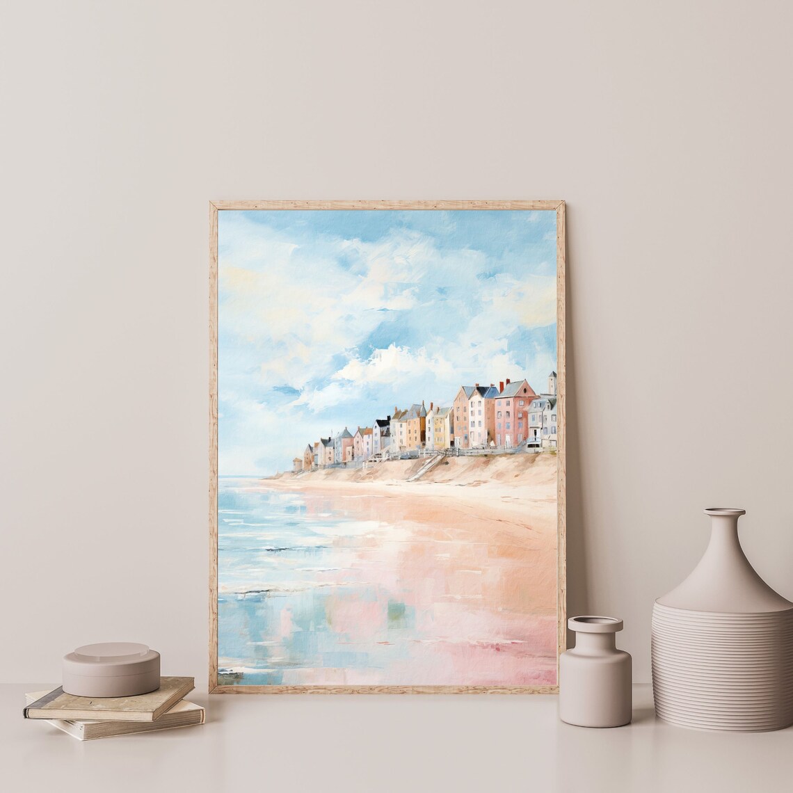 Pastel Beach Coastal Town Seascape, Vintage Poster - Image 3