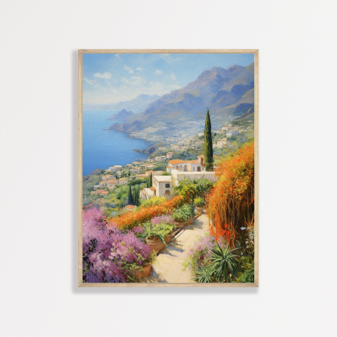Italian Coast Hillside Village Cypress Bougainvillea Sea View Poster