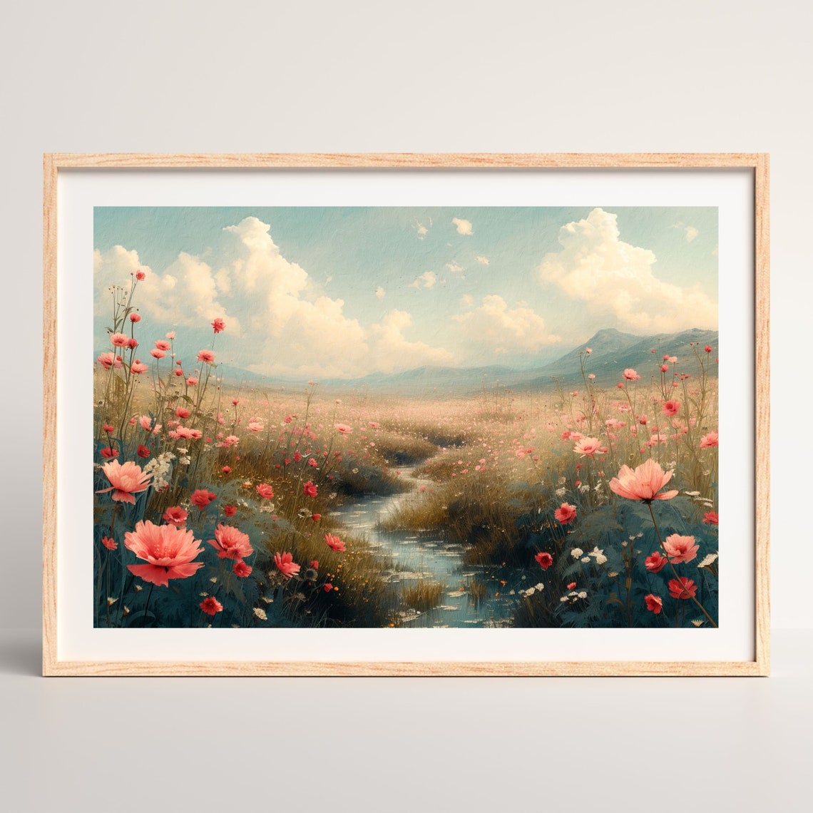 Pink Wildflowers Stream Mountain Meadow Vintage Landscape Poster - Image 2