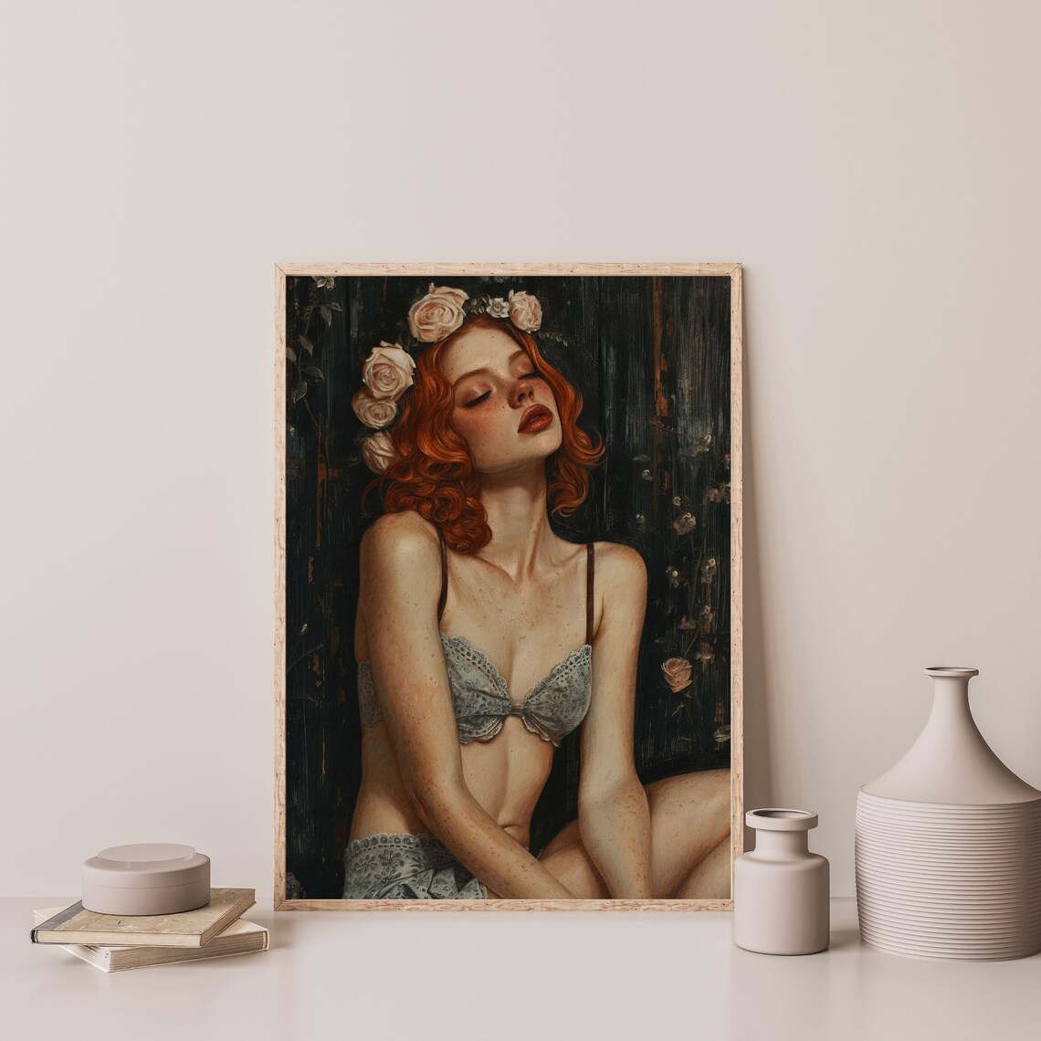 Red Hair Woman Roses Lace Dark Moody Portrait Painting Poster - Image 3