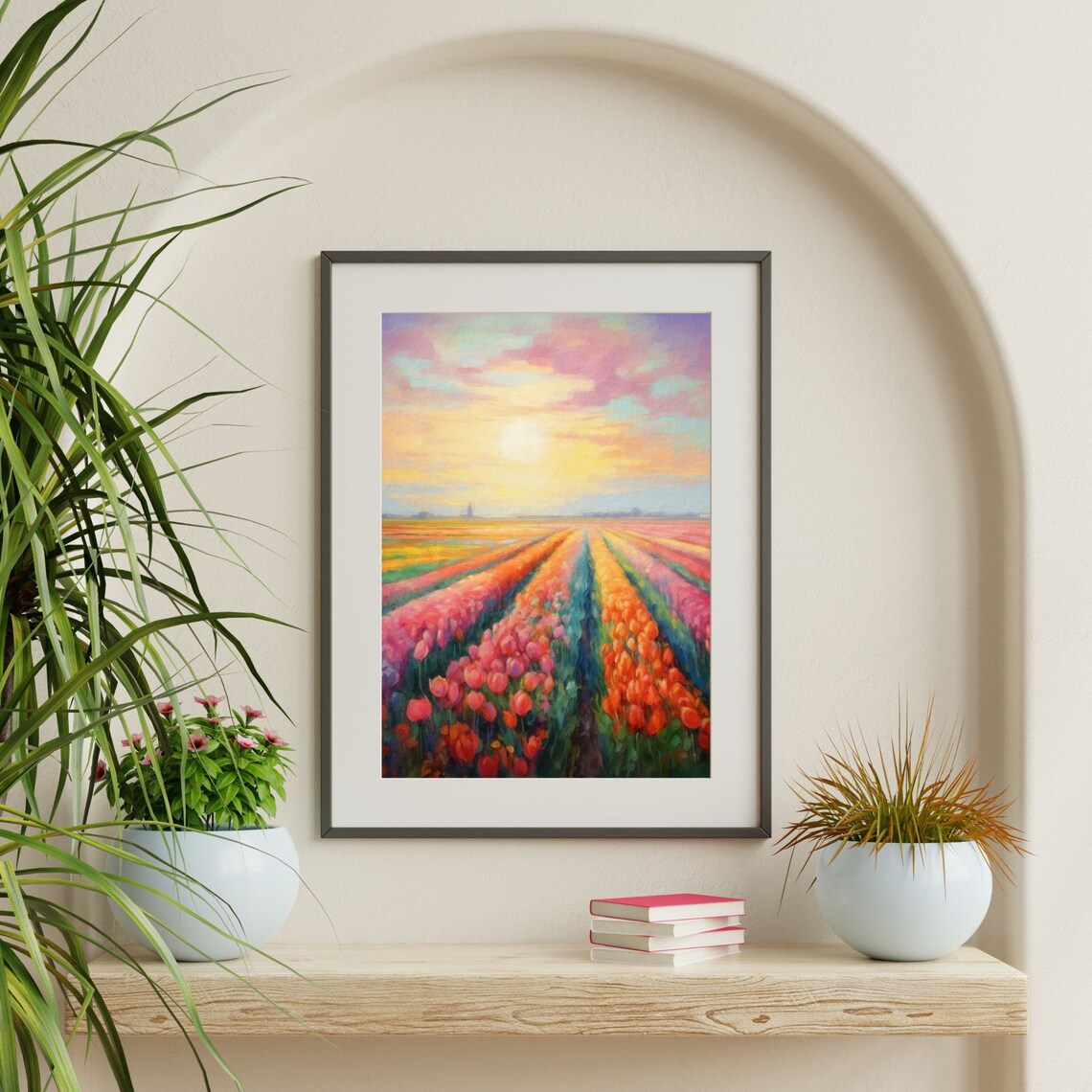 Colorful Tulip Field Retro Countryside Art Print - Image 2