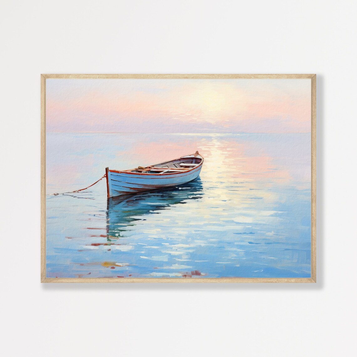 Wooden Rowboat Calm Water Pastel Sunrise Reflections Painting Poster