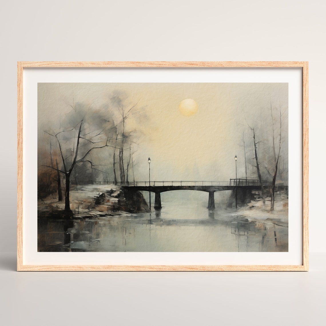 Foggy Winter Night Stone Bridge Under a Pale Moon Landscape Poster - Image 2
