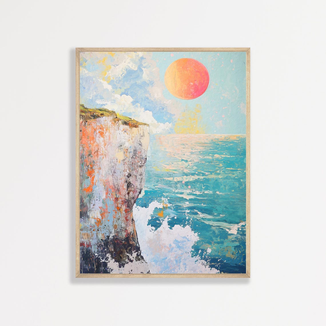 Ocean Cliff Sunset Giant Sun Crashing Waves Abstract Coastal Poster