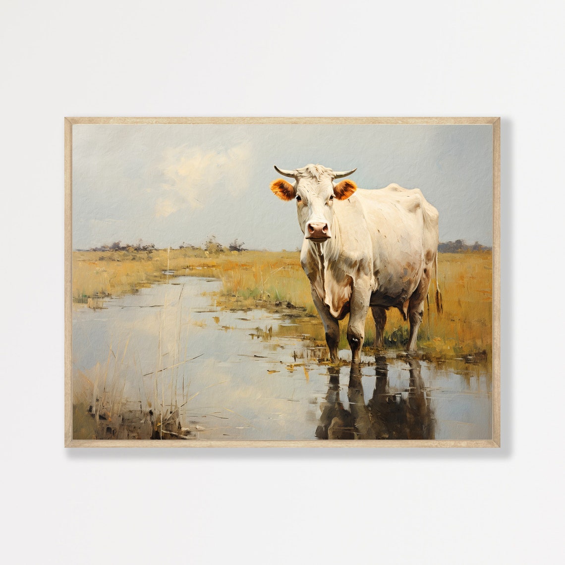 White Cow Standing in Golden Marsh Water Vintage Farm Wall Art Poster