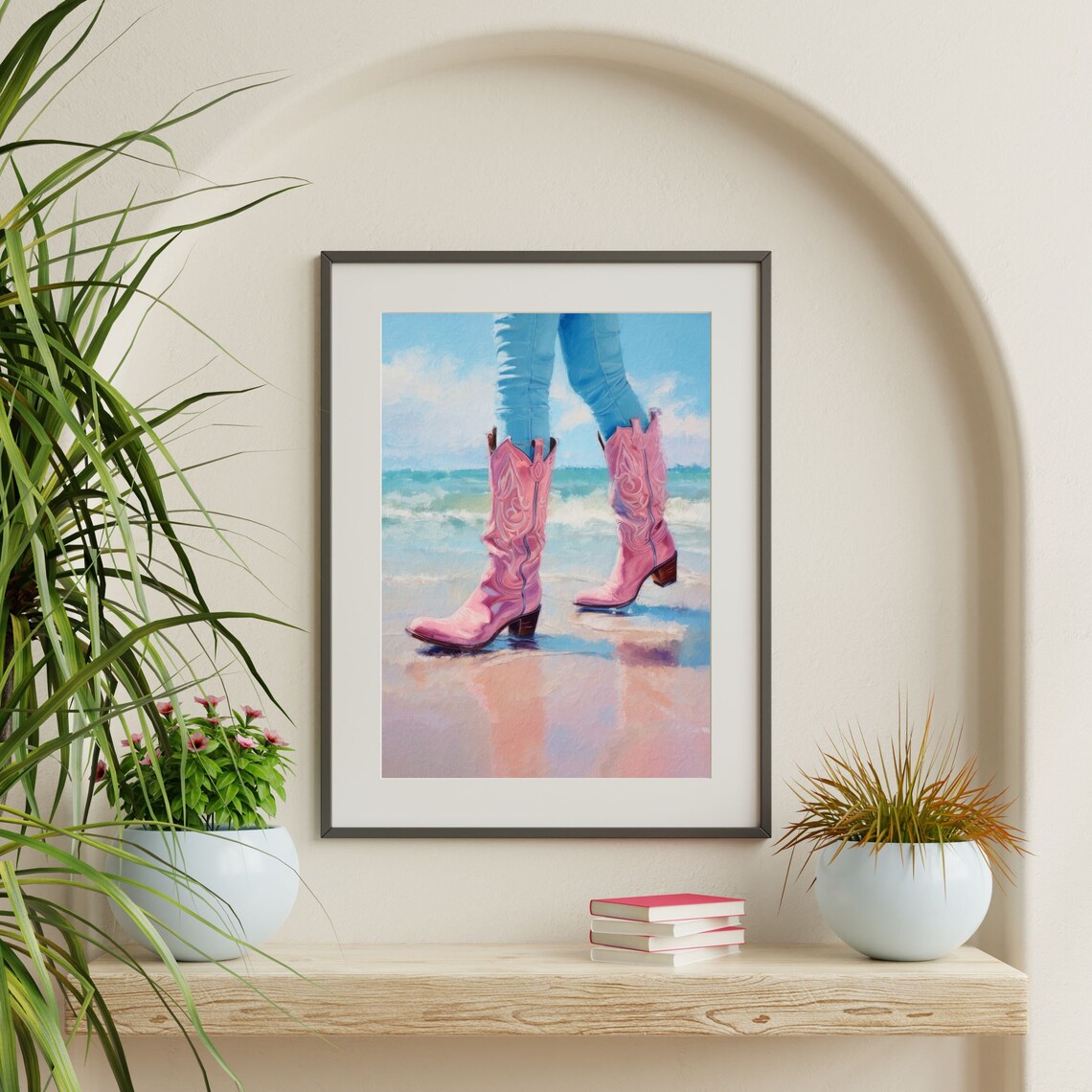 Pink Cowgirl Boots, Retro Coastal Wall Art Print - Image 2