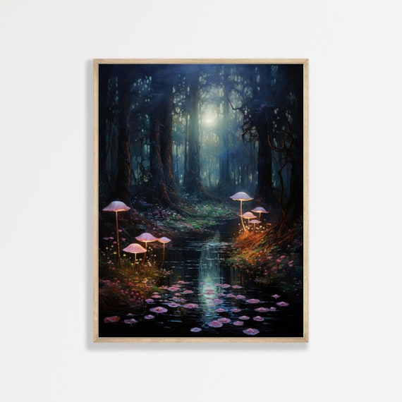 Mystical Mushroom Forest Painting Dark Academia Landscape Wall Art Moody Maximalist Decor Cottagecore Artwork P 975