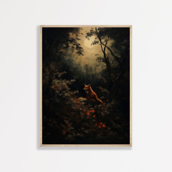 Fox Under The Moon Painting Dark Moody Nature Landscape Painting Mystical Antique Night Wall Art Decor P 966