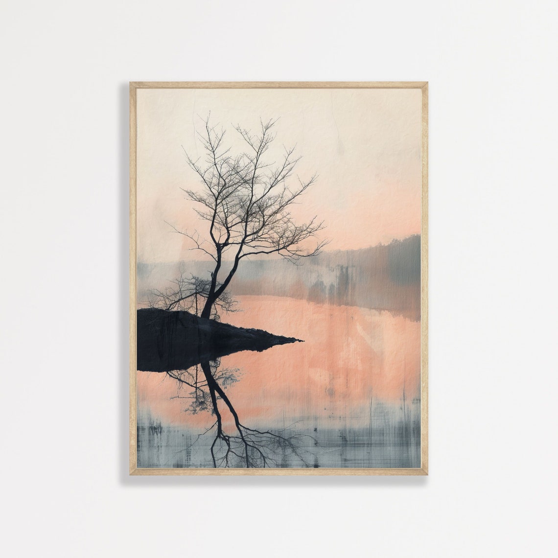 Lone Tree Still Water Blush Sunset Minimal Japanese Art Poster