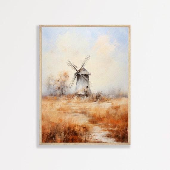 Windmill Painting Countryside Landscape Print Minimal Farmhouse Wall Decor P 586