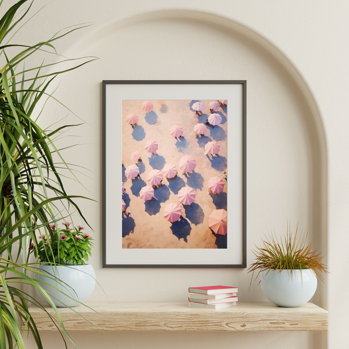 Beach Umbrellas, Retro Pastel Pink Coastal Art Print - Image 2