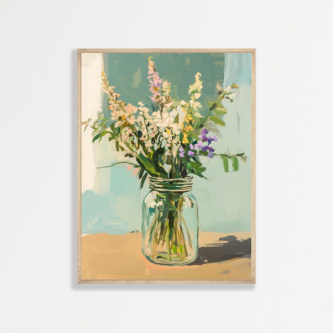 Wildflowers Glass Jar Soft Teal Vintage Floral Still Life Poster