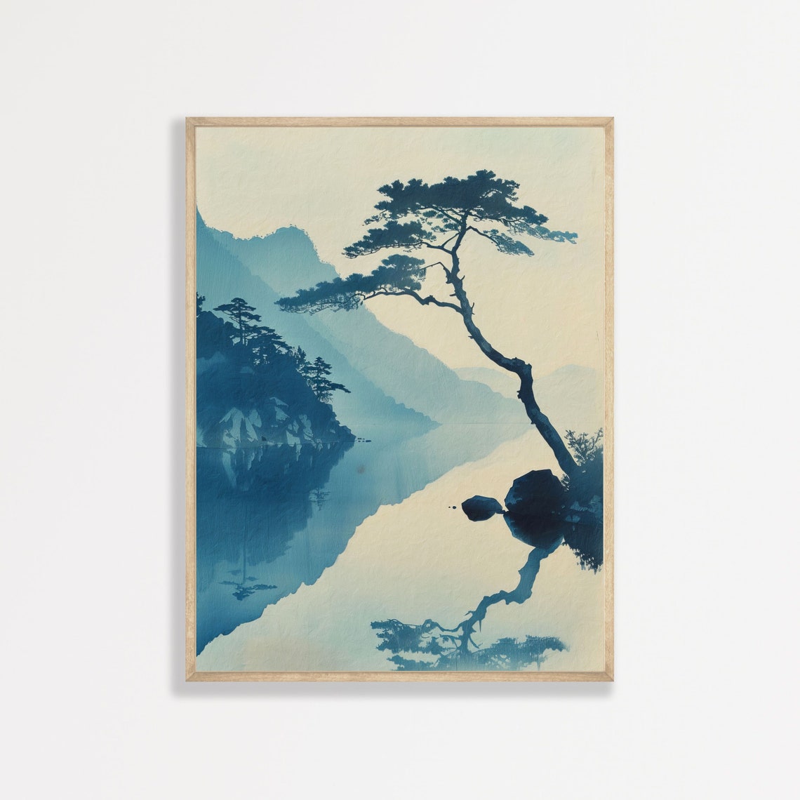 Blue Pine Tree Misty Mountains Japanese Woodblock Style Travel Poster