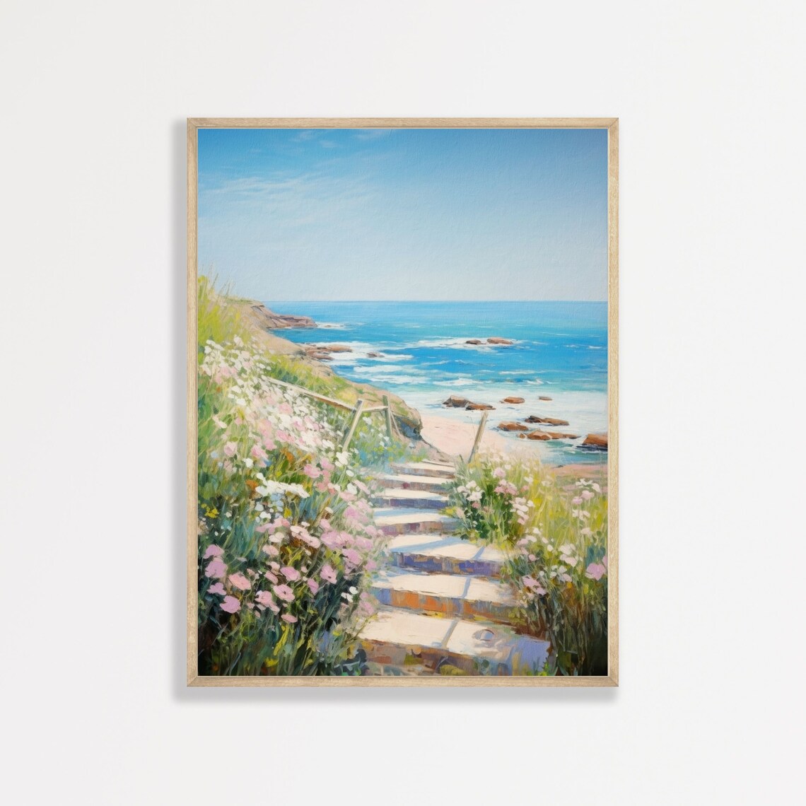 Beach Seascape Painting, Retro Coastal Landscape