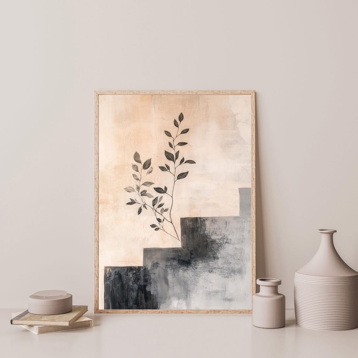 Minimal Botanical Sprig Beige Gray Abstract Modern Neutral Wall Art - Image 3