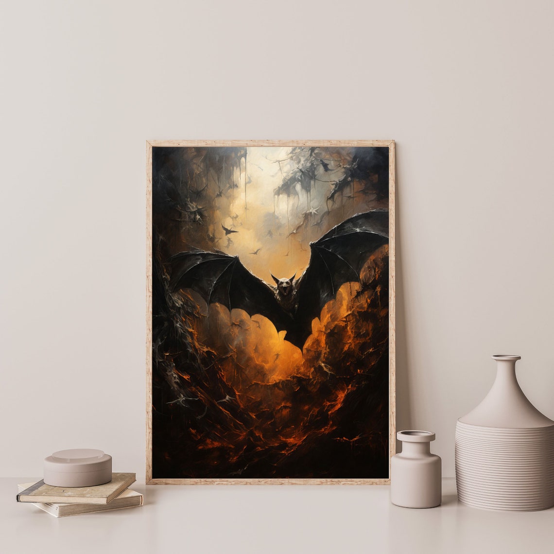 Dark Bat Spread Wings Fiery Night Sky Gothic Animal Art Poster - Image 3