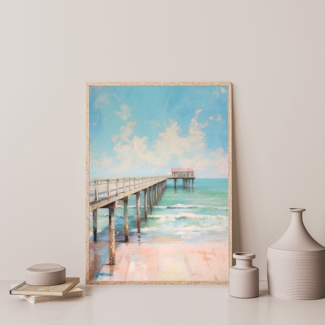 Retro Coastal Pier Painting Beach Landscape Art Print - Image 3