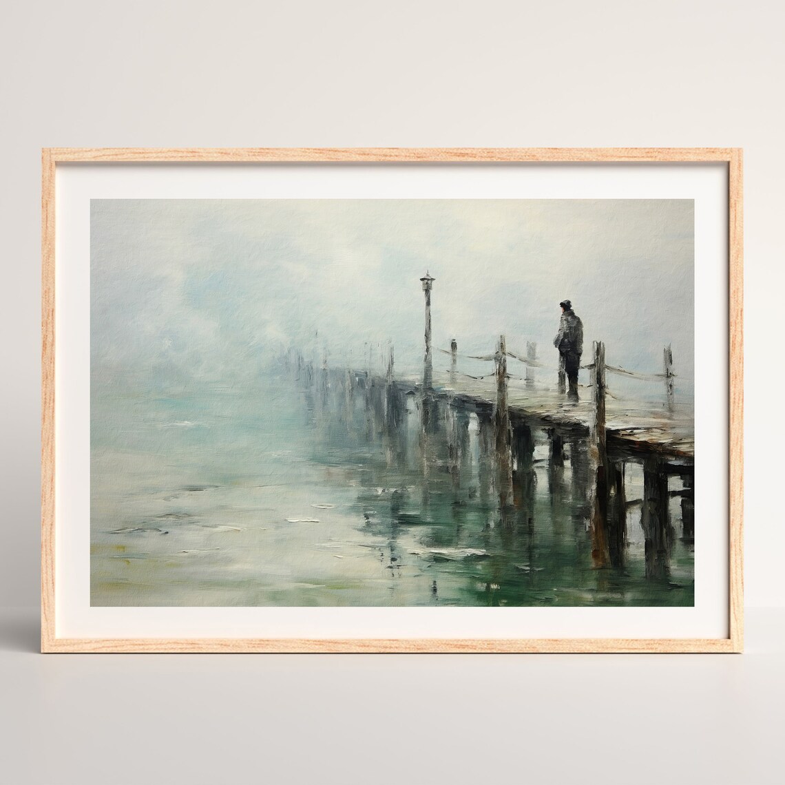 Misty Foggy Pier Solitary Figure Lamp Post Moody Gray Seascape Poster - Image 2