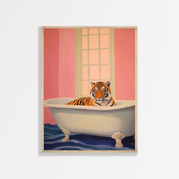 Tiger In Bathtub Funny Pink Bathroom Quirky Retro Maximalist Art Print