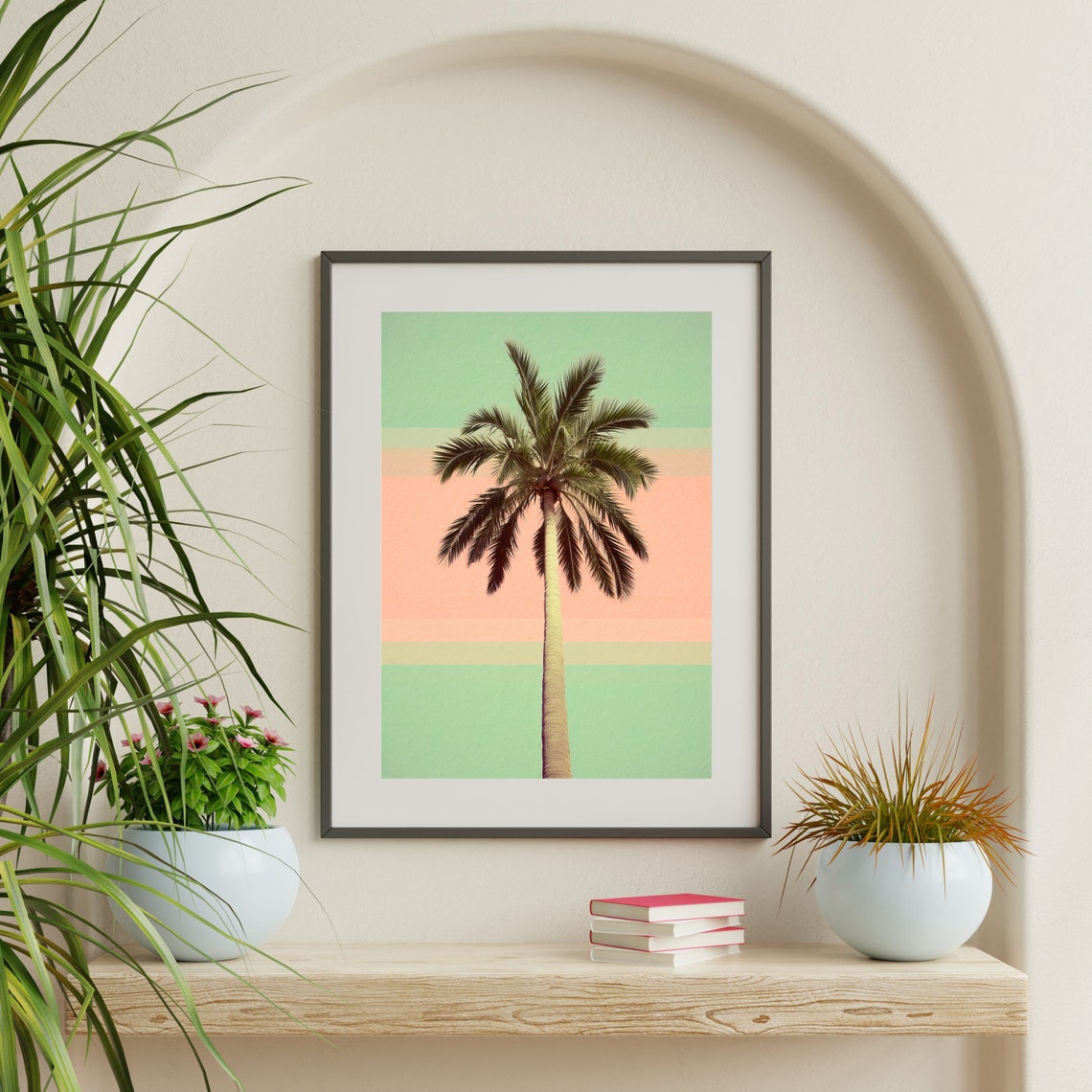 Retro Palm Tree Silhouette on Pastel Striped Sky Minimal Wall Art - Image 2