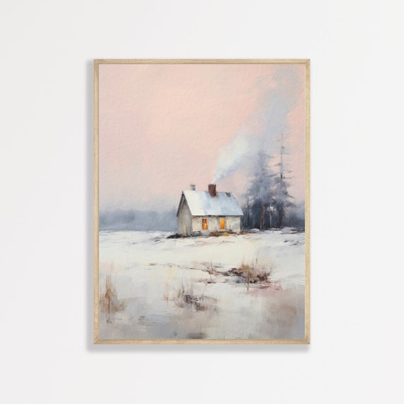 Winter Cottage Print Retro Country Landscape Painting Minimal Vintage Wall Art Farmhouse Decor P 727