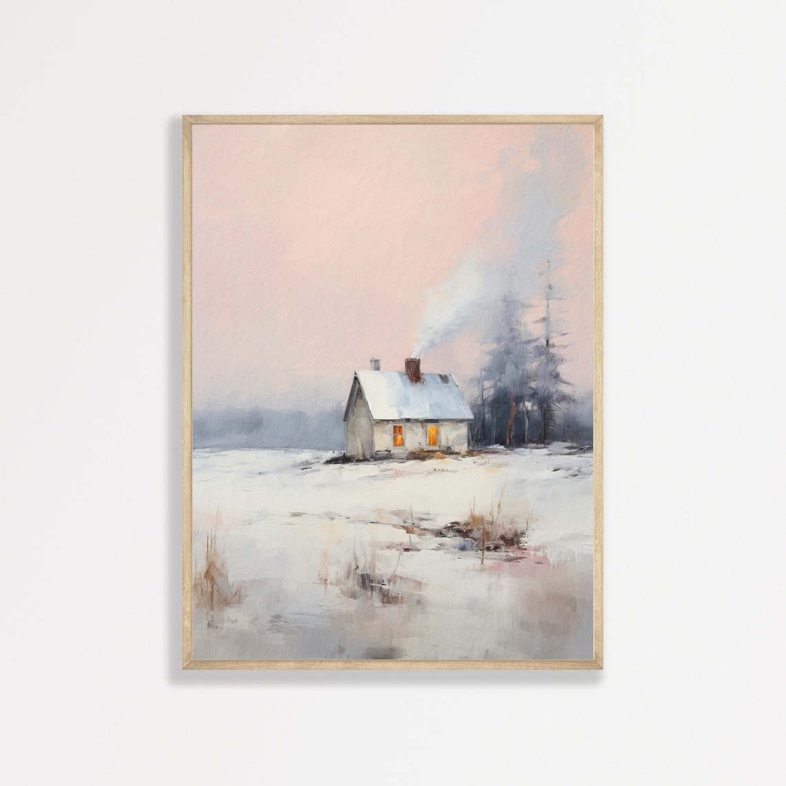 Winter Cottage Print Retro Country Landscape Painting Minimal Vintage Wall Art Farmhouse Decor P 727