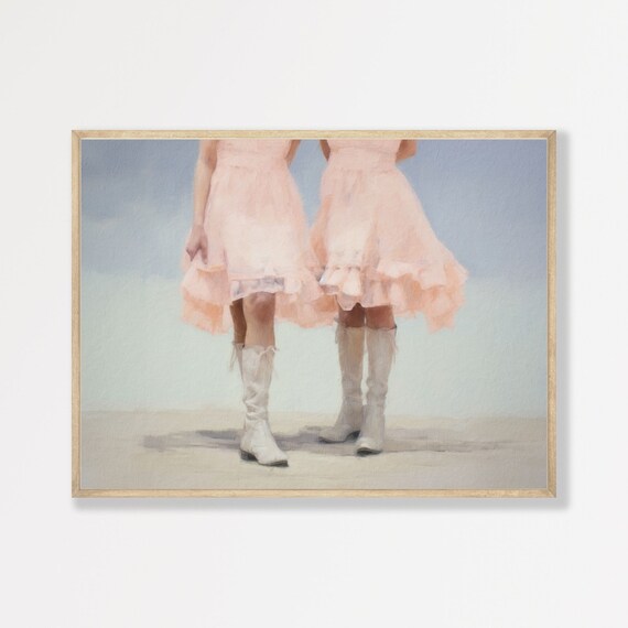 Western Girls Art Print, Retro Cowgirl Boots Decor