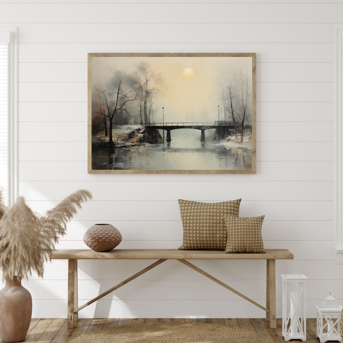 Foggy Winter Night Stone Bridge Under a Pale Moon Landscape Poster - Image 3