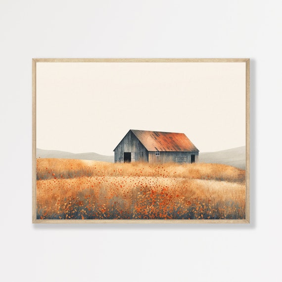 Country Landscape Painting Minimalist Boho Wall Art Neutral Farmhouse Apartment Decor Retro Artwork Print P 498