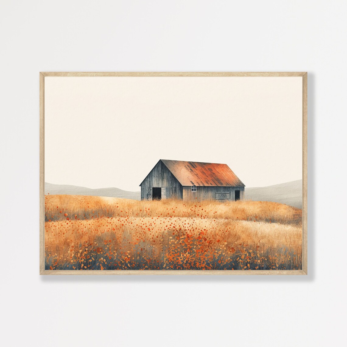 Rustic Barn Golden Wheat Field Poppies Minimalist Landscape Print