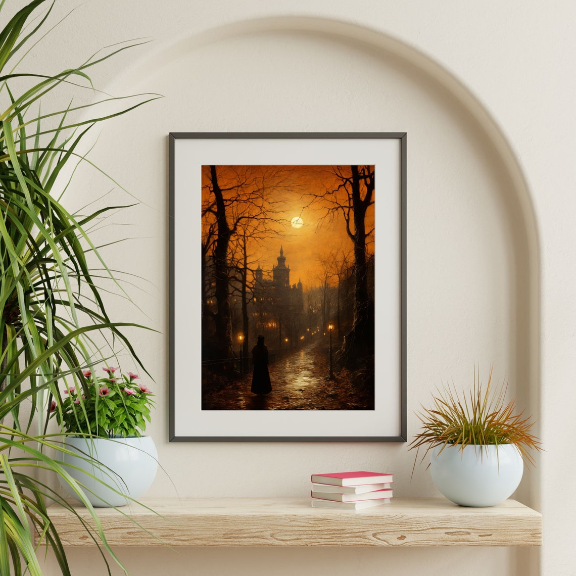 Dark Moonlit City Path Orange Moon Lampposts Gothic Night Poster - Image 2