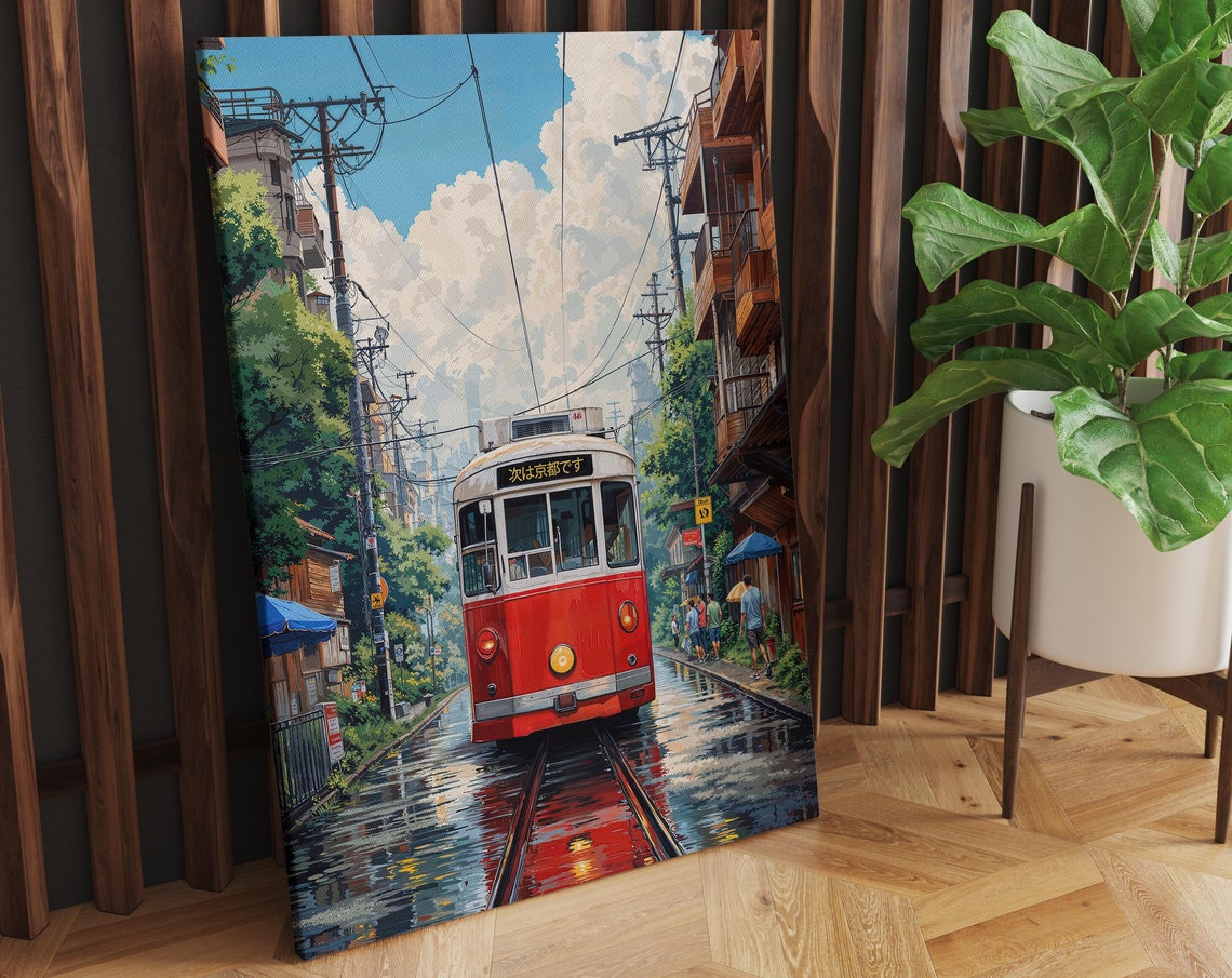 Anime Red Tram to Kyoto on a Rainy Street Under Bright Clouds Poster - Image 2