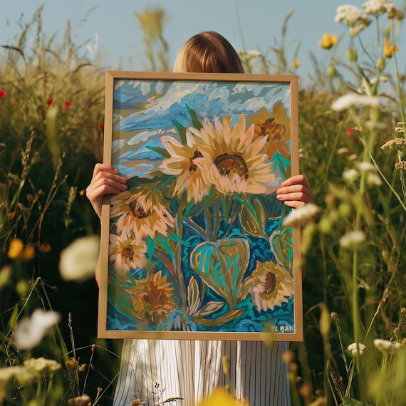 Sunflower Field Vintage Botanical Art Print, Austin Texas Travel Poster