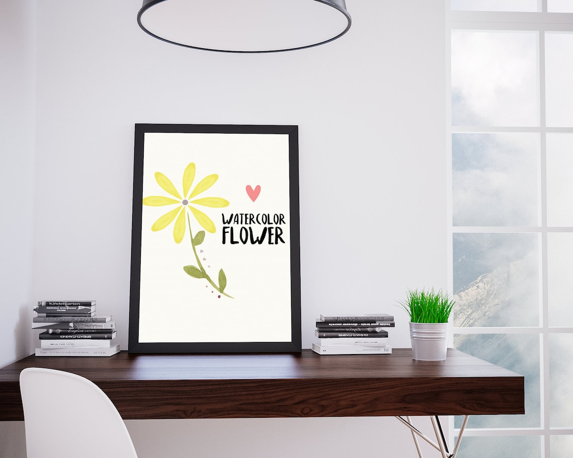 Watercolor Flower Poster with Yellow Daisy and Pink Heart Art
