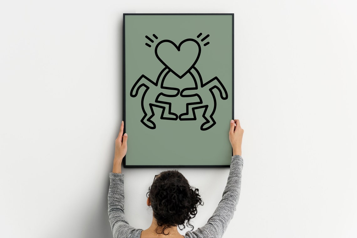 Two Bodies One Heart Haring Style Line Art Love Figures Poster - Image 3
