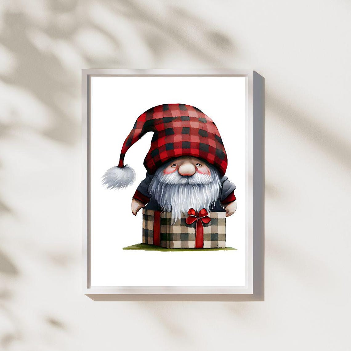 Buffalo Plaid Christmas Gnome Holding Wrapped Gift Watercolor Poster - Image 2