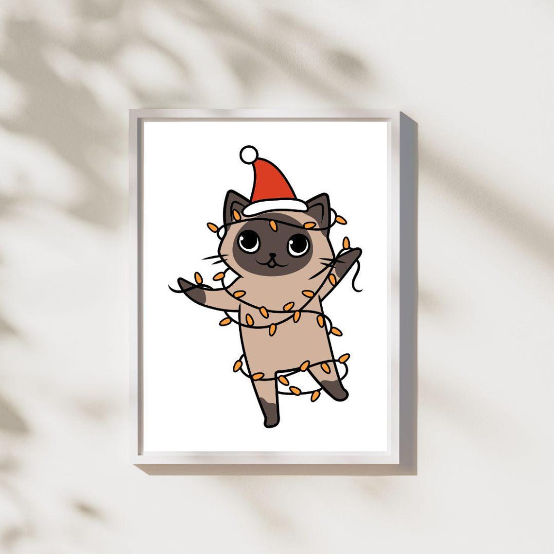 Funny Siamese Cat In Santa Hat Tangled In Christmas Lights Print - Image 2