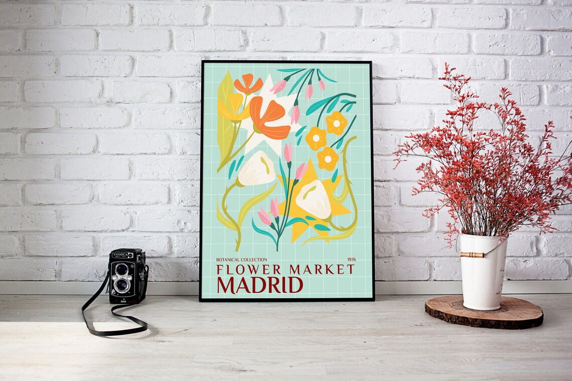 Madrid Flower Market 1976 Teal Grid Retro Floral Botanical Poster - Image 2