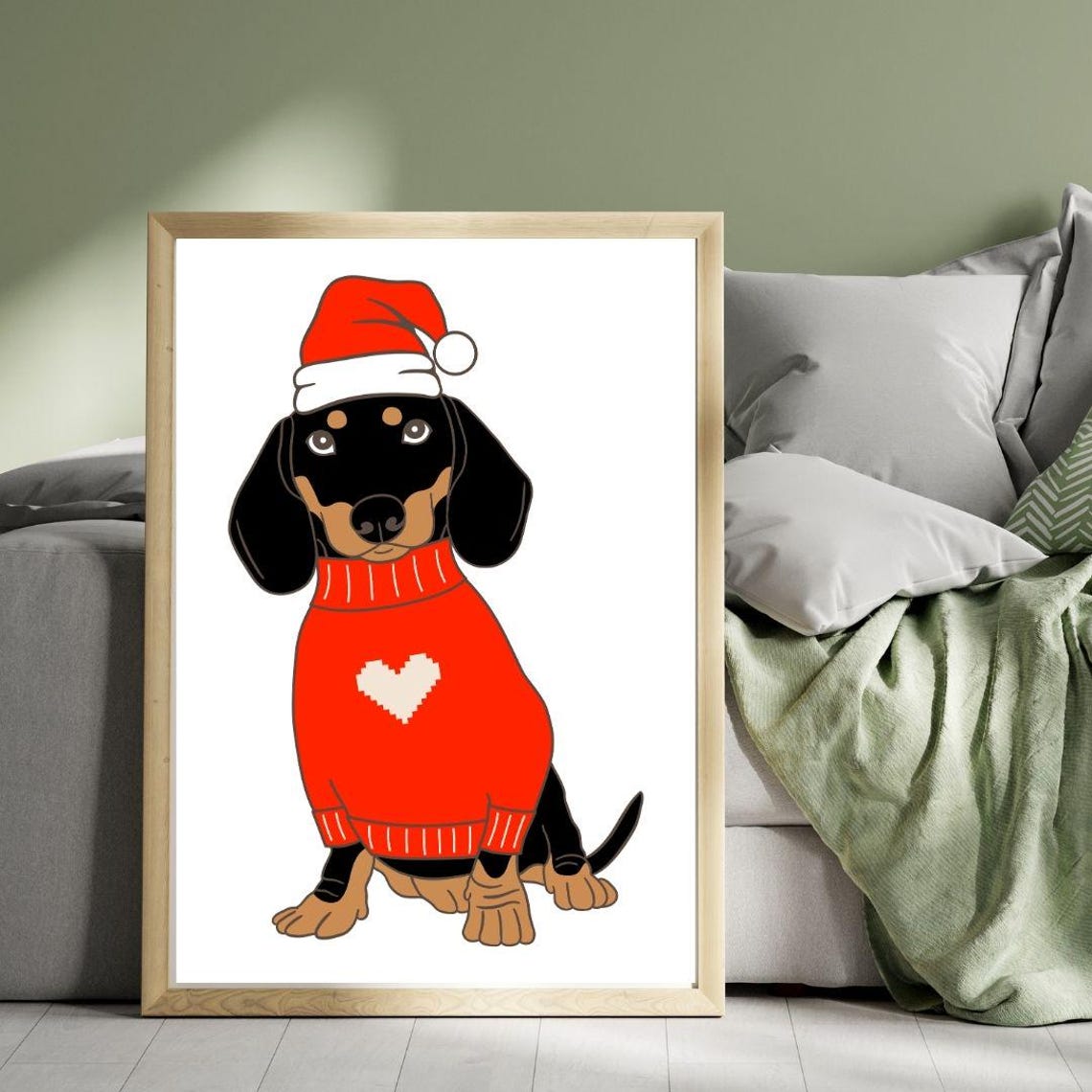 Cute Dachshund Santa Hat Red Sweater Christmas Dog Poster Art - Image 3